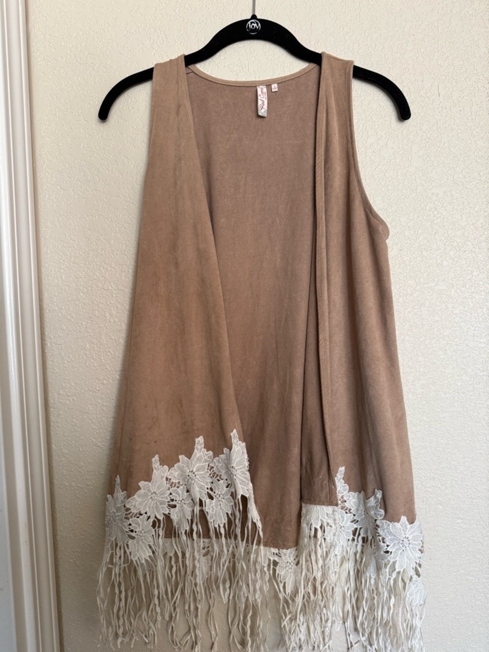 4 for $20 Taupe Suede Fringe Vest with White Lace Trim size small